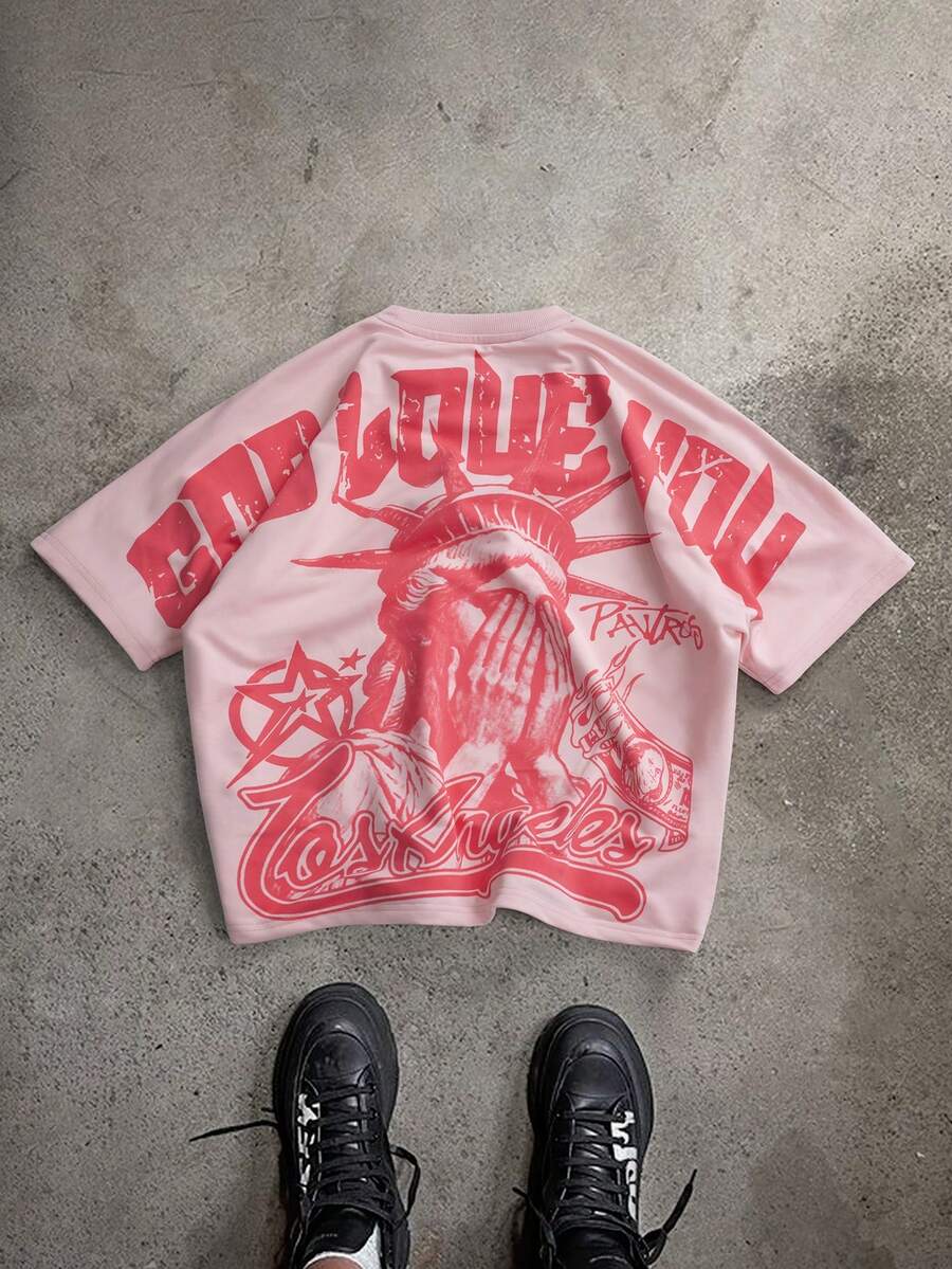 PAVTROS Camiseta de manga corta con cuello redondo y estampado gráfico de letras para hombre, casual para viajes - Rosa - Ver 1