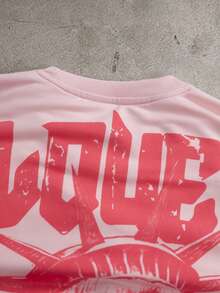 PAVTROS Camiseta de manga corta con cuello redondo y estampado gráfico de letras para hombre, casual para viajes - Rosa - Ver 3