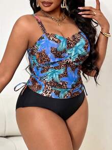 Slaydiva Plus Size Women 2 Pieces Swimwear, Printed Tankini Swimwear For Summer Vacation - Blue - View 3
