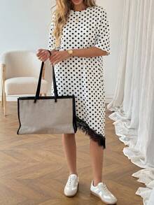 LUNE Vestido de talla media de manga corta con bajo asimétrico, de uso diario, de vacaciones y casual, de unicolor con parches de encaje, de moda básica para mujeres - Blanco y Negro 2 - Ver 5