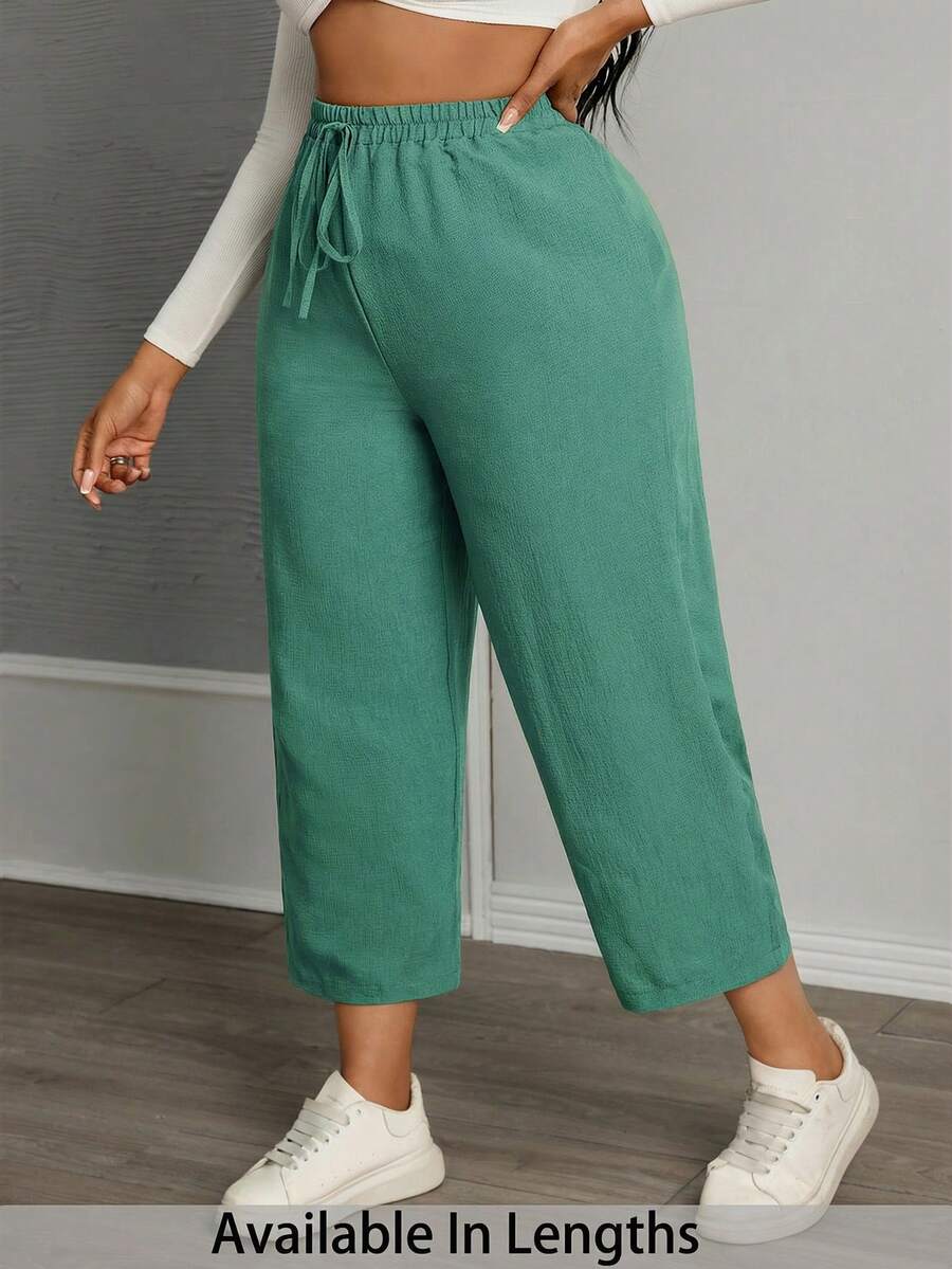 SHEIN PETITE CURVE 大码女式休闲纯色抽绳裤 - 水鴨藍 - 查看 1