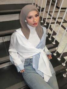 Solavon Áo sơ mi dáng rộng kẻ sọc phối màu thiết kế mới, phong cách thường ngày. - Xanh và trắng - Xem 4