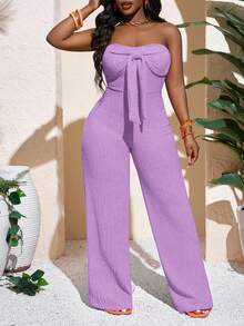 Slaydiva Bộ jumpsuit nữ mùa xuân hè mới, kiểu dáng thường ngày, gợi cảm và thanh lịch: áo ống thắt nơ, ống rộng dài chấm đất, màu cam, chất liệu dệt kim, thích hợp cho kỳ nghỉ. - Màu tím hoa cà - Xem 5