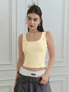 SHEIN MOD Square Neck Rhinestone Decor Casual Tank Top, Summer - Light Yellow - View 3