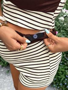 SHEIN Maternity Striped Ruched Halter Neck Tank Top And Adjustable Waist Shorts Casual 2-Piece Set Casual Beach Fashion - Brown - View 7