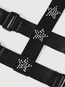 ROMWE Goth 1 pieza Leggings de mujer con tela de lona negra, decoración de estrella de rhinestone, banda elástica doble de un solo lado, cinturón de viento oscuro, falda corta, accesorios de pantalones cortos, versátil para uso diario - Leggings de estrella de diamantes de imitación negros - Ver 2