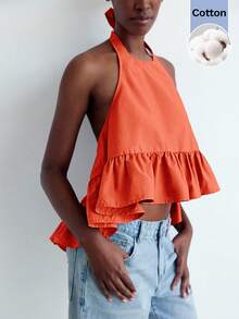 Maija Neck Tie Backless Ruffle Hem Loose Blouse, Urban Style For Women In Autumn - Orange - View 9