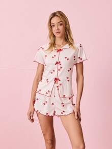 Bonmuse Women's Pajama Set, Women's Striped And Heart Print Lapel V-Neck Ruffle Hem Short Sleeve Top And Shorts Matching Pajama Set, 2 Piece Women's Sleepwear, Cute Pajama Set, Women's Spring And Summer Clothing - Multicolor - View 4