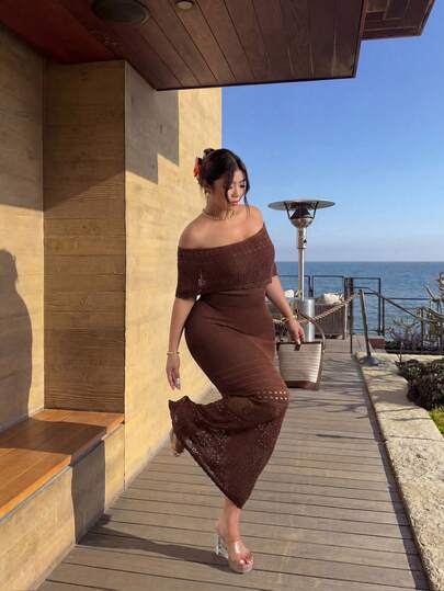 Firerie Plus Size Solid Color Off-Shoulder Knit Dress, Vacation & Beach