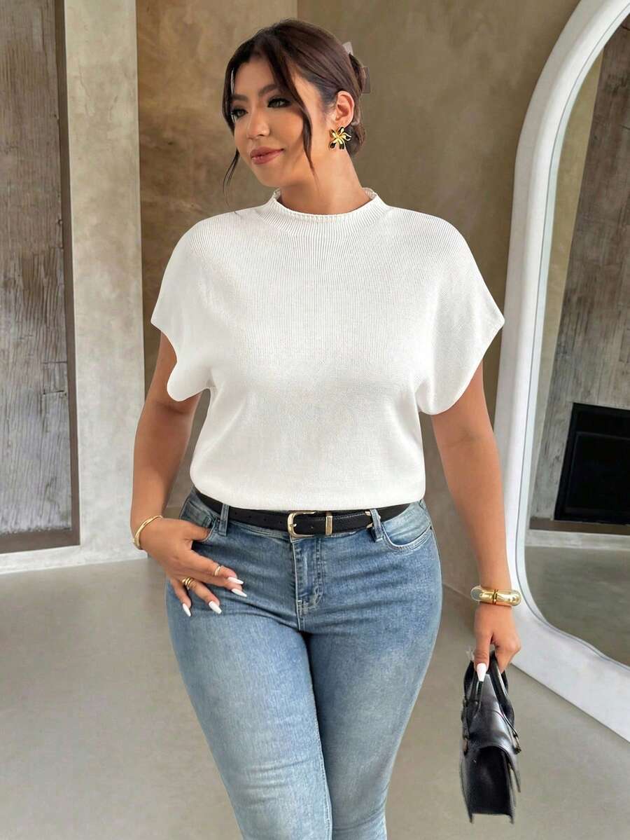 Firerie Plus Size Women Solid Color Batwing Short Sleeve Casual Knit Top Fall/Winter - White - View 1