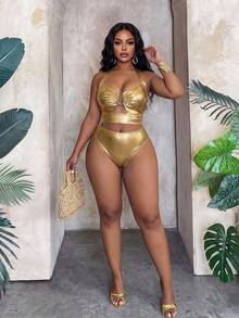 Slaydiva Conjunto de traje de baño para mujer de talla grande con tela de lámina de oro, Primavera/Verano 2026 - Dorado - Ver 7