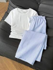 SHEIN 2件套少女休闲圆领上衣和条纹裤套装 - 藍色 - 查看 5
