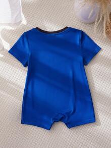 BABY SHARK X SHEIN Bộ áo liền quần ngắn tay cổ tròn in họa tiết cho bé trai, kiểu dáng thường ngày, thích hợp cho mùa hè. - Màu xanh lam - Xem 2