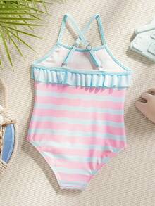 BABY SHARK X SHEIN Baby Girl Cartoon Print Ruffle Trim One-Piece Swimsuit - Multicolor - View 2