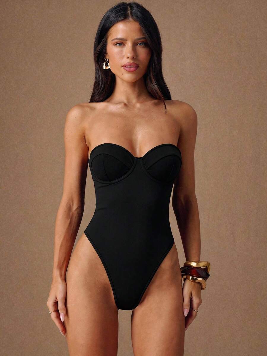 SHEIN BAE Áo liền thân quây ngực gợi cảm tối giản màu đen, kiểu dáng cơ bản, thích hợp cho mùa hè/xuân, đi biển, dã ngoại, lấy cảm hứng từ thập niên 2000, áo đen, áo mùa hè, áo corset ôm sát, áo crop top đen ôm sát, trang phục đi club. - màu đen - Xem 1