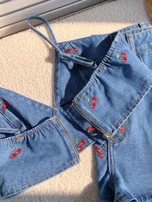 Comfortcana Bộ đồ nữ gồm áo hai dây in hình quả anh đào dễ thương và quần short denim có túi, thích hợp cho du lịch. - Rửa nhẹ - Xem 4