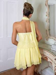 Femesol 女士黄色雪纺提花波点褶皱金属扣荷叶边短连衣裙，女士优雅时尚度假派对连衣裙，女士浅黄色连衣裙 - 淡黃色 - 查看 3