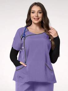 TaskEZ Top de uniforme de contraste con rayas, cuello redondo y manga corta - Morado - Ver 4