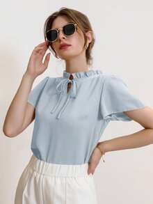 Mulvari Women's Fashionable Solid Color Tie Collar Short Sleeve Blouse - Baby Blue - View 6