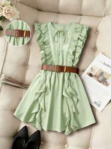 Pariaura Vintage Brown Ruffled Hem Full Design Dress/Waist Cinching Slim Mini Skirt/Elegant & Sweet Zanea Dress For Woman Zoey Outfit Zante Holiday Outfit - Aqua Green - View 3