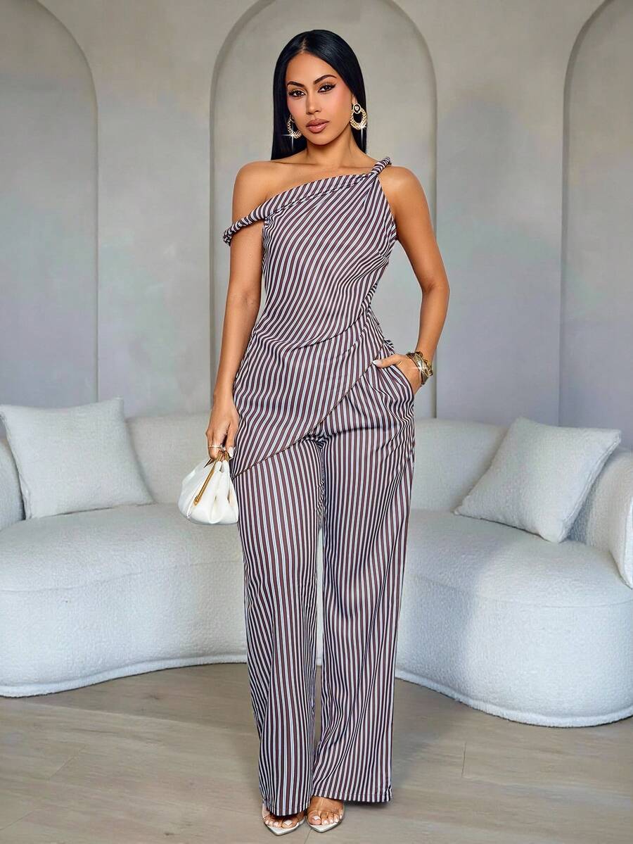 SOLERSUN Women's Chic Striped Asymmetrical Shoulder Twist Asymmetrical Hem Blouse & Wide Leg Pants With Pockets For Daily & Office, Striped Asymmetrical Two Pieces Set - Brown - View 1