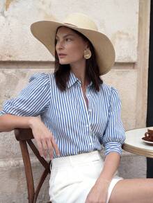 Briarwyn 女士条纹翻领单排扣休闲百搭日常衬衫纯棉上衣春季女式衬衫夏季纽扣衬衫，女士夏季服装，女士春季服装，夏季度假服装，情人节，圣帕特里克节女士服装，女士海滩度假服装，外出服装 - 藍色 - 查看 8