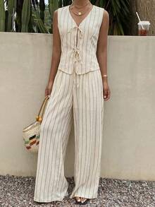 DAZY Frühlings- und Sommer-Lässig-Urlaubs-Gestreiftes ärmelloses Top und gerade geschnittene weite Hose 2 Stücke Set für Frauen, Loungewear-Sets für Frauen - Beige - Übersicht 5