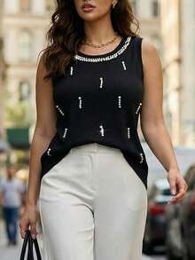 GlowEve CURVE Chic Plus Size Black Rib Knit Tank Top Pearl Beaded Scoop Neck Sleeveless Plus Size Camisole Casual Style - Black - View 8