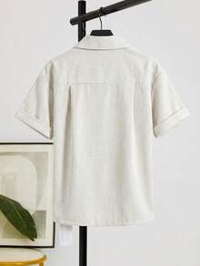 Solavon 女士条纹单排扣口袋蝴蝶结时尚短袖衬衫 - 杏色 - 查看 2