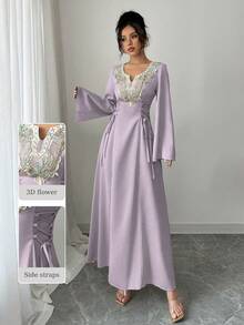 Yasmyna 女款優雅淺藍色刺繡長版阿巴雅洋裝，秋季婚禮賓客V領喇叭袖阿拉伯風保守波西米亞風綁帶收腰洋裝 - 紫色 - 查看 3