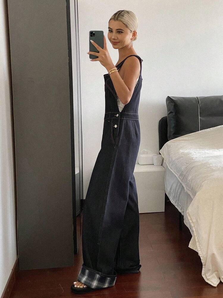 Women Patchwork Plaid Hem Loose Wide Leg Jeans Jumpsuit With Pockets, Casual Street Style For Summer Overalls
