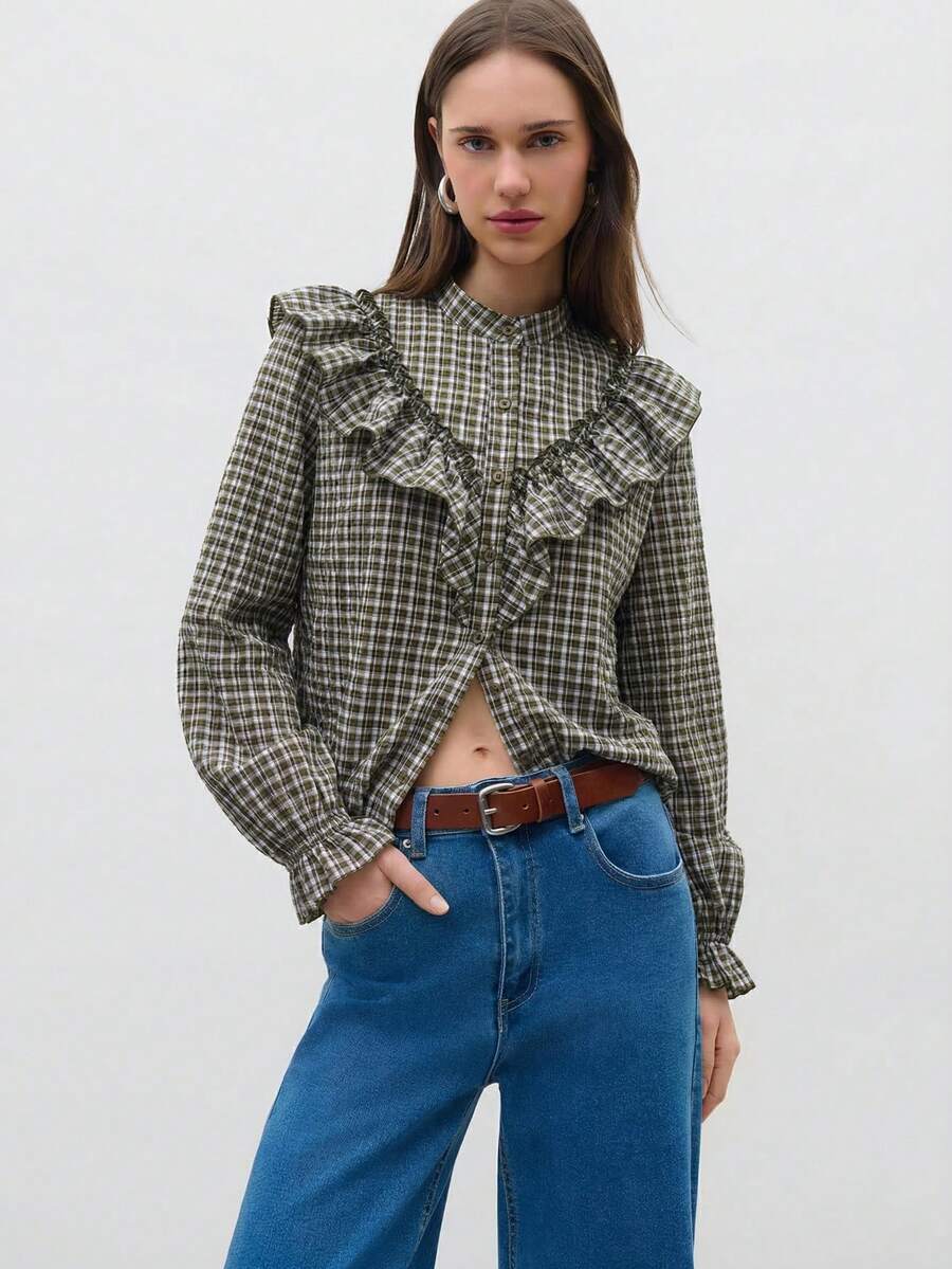 Nöista Green Plaid Autumn Cottage Core Brunch Blouse With Ruffle Trim,Button-Front Design,Long-Sleeve,Relaxed Feminine Silhouette,Spring Casual Y2K Outfit - Army Green - View 1