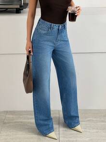 SHEIN 100% Cotton High Waist Tinted Blue Wash Loose Casual Denim Jean Button Front - Medium Wash - View 5