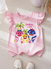 BABY SHARK X SHEIN Camiseta de manga con volantes con estampado de tiburón de dibujos animados para niñas pequeñas - Rosa - Ver 3