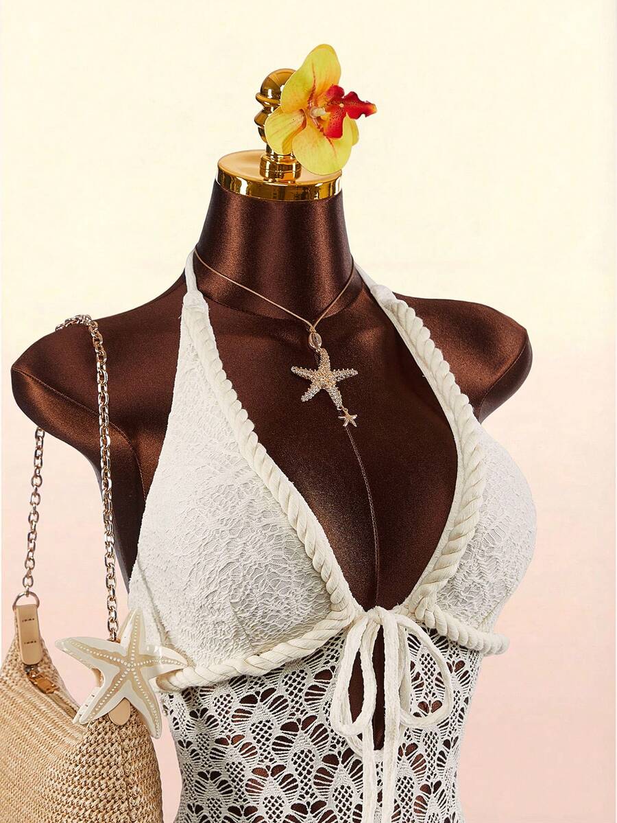 Amplova 女士镂空露背吊带迷你连衣裙，适合海滩度假 - 杏色 - 查看 1