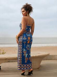 Travachic Women's Blue Strapless Knit Abstract Floral Print Symmetrical Pattern Boho Maxi Dress,Plus Size Summer Vacation Holiday Beachwear Outfits - Blue - View 2