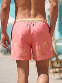 Manfinity Swimmode 男士撞色弹力腰抽绳休闲沙滩裤，带口袋，宽松版型 - 粉色 - 查看 2