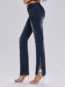 ROMWE Y2K 独立颓废音乐节穿搭：超低腰紧身牛仔裤（拉链裤脚设计，可双向穿着） - 藍色 - 查看 8