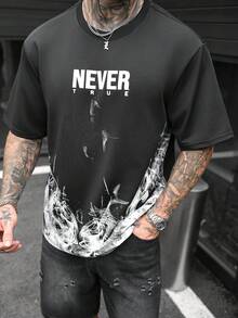 SLATEMANN 男士舒适卫衣面料圆领短袖T恤，字母印花，畅销短袖T恤，适合男士休闲度假、简约办公、简约商务、日常约会、居家休闲、时尚派对、聚餐等场合，自用或送礼皆宜。春秋流行短袖T恤。 - 黑色 - 查看 6