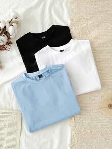 Set Of 3 Slim-Fit Long-Sleeved T-Shirts With Round Neck, 95% Cotton, Minimalist And Casual Style For Women - 多色 14 - 查看 4