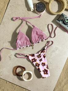 SHEIN Swim Mod 女士随机印花挂脖金属装饰比基尼套装，春夏款 - 彩色 - 查看 2