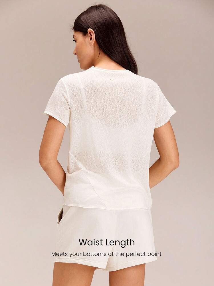 TENCEL™-Linen Pack Light Regular Fit Waist Length Asymmetric Sheer Linen Double Edge Neckline Crewneck Tee Vacation Holiday Summer Travel Beach Daily Casual Wear
