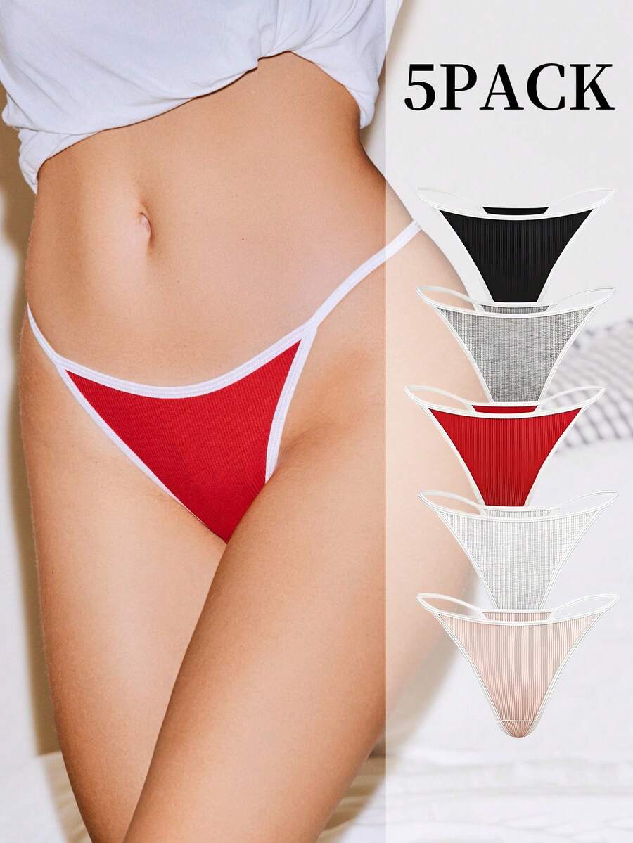 SHEIN 5件装 女式撞色低腰丁字裤 - 彩色 - 查看 1