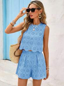 Vivid Eden Women's Elegant Blue Floral Eyelash Lace 2 Pieces Set,Summer Boho Holiday Jacquard Two Piece Sets,Vacation Outfits For Women,Beach Tea Party Brunch - Blue - View 13