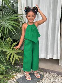 Young Girl Vacation Casual Solid Color Halter Top And Wide Leg Pants Set - Green - View 3
