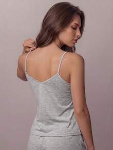 蕾絲修邊吊帶背心和短褲女士睡衣套裝 - 灰色 - 查看 2