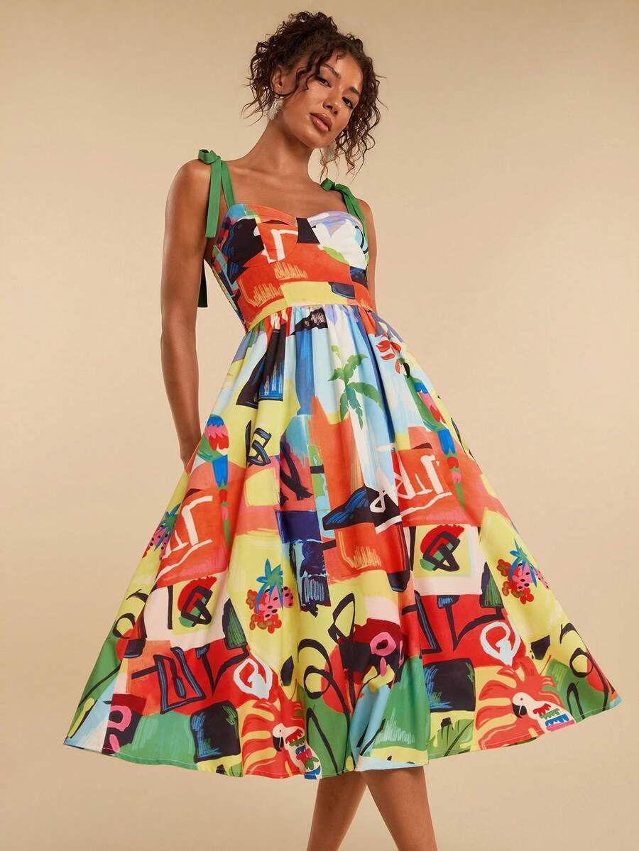 Travachic Women's Casual Palm Tree Print Sleeveless Dress, Suitable For Vacation - Multicolor - View 1