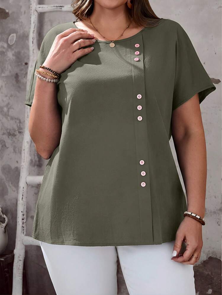 Plus Size Women's Summer Casual Vacation Country Solid Color  Round Neck Short Sleeve Button Decor Solid GreenShirt, Spring/Summer,Plus Size Women's Summer Casual Vacation Country Round Neck Short Sleeve Button Decor Solid Color  Blouse Top, Spring/Summer/Vacation,Holiday,Spring Break,Going Out,2026 New,Simple And Fashionable For Everyday Wear, Blue Top, Blouse For Women Casual, Top With Buttons,Gifts For Mother