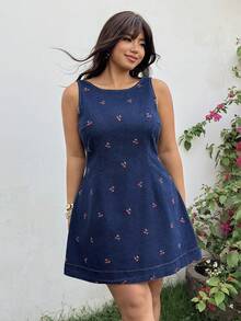 GalTyme Đầm denim cỡ lớn dành cho nữ, họa tiết thêu hoa anh đào, thích hợp cho kỳ nghỉ hè, lễ hội, đi làm, tốt nghiệp, phong cách Y2K, dễ thương, thời trang đường phố, dự tiệc, đám cưới, thanh lịch, công sở, đi biển, lễ tốt nghiệp, lễ Phục sinh. Đầm denim không tay cỡ lớn thêu hoa anh đào, dáng ngắn, cổ tròn, dễ thương. Đầm denim cỡ lớn không tay dáng chữ A thêu hoa anh đào, cổ tròn. - Màu xanh lam - Xem 3