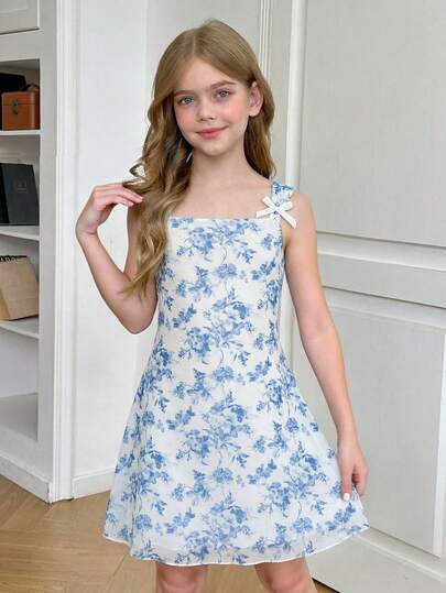 SHEIN Đầm ôm dáng không tay cổ vuông họa tiết da báo, trang trí nơ, dành cho bé gái tuổi teen.